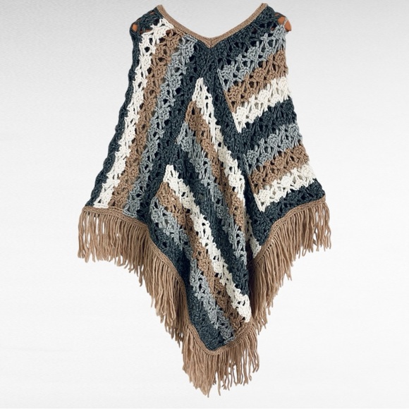 Massimo Dutti | Crochet Striped Poncho Alpaca Wool Blend Fringed Cozy Poncho - Picture 5 of 6